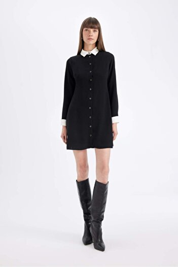 DeFacto Dfc - Shirt Collar Basic Plain Button Closure Crepe Long Sleeve Mini Black Dress