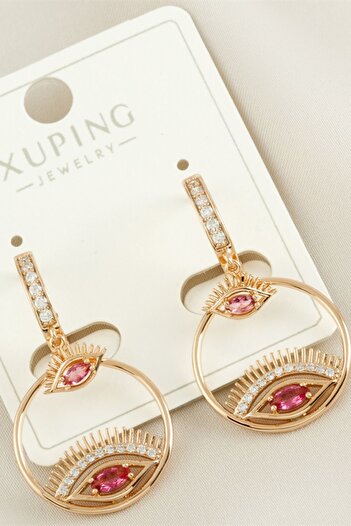 senfonijewelry Xuping Gold Colored Pink Jewelled Eye Detailed Earrings