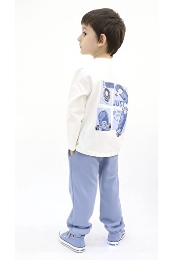 BALKABAĞI Blue Ecru Skateboard T-shirt and Sweatpants Set - Printed on the Back Mtke0007