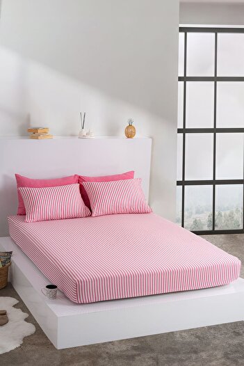 KetraHome Maljuna Bohemo - Fuchsia Striped Elastic Sheet Set