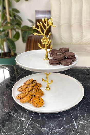 MAY HOME Gold Detailed 2 Layer Porcelain Cookie Holder Presentation Plate