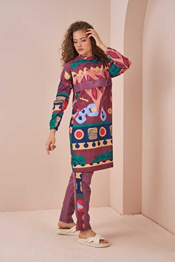 Mevra Game Pattern Hijab Swimsuit Long Dried Rose