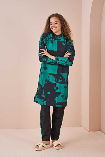Mevra Palm Tree Pattern Hijab Swimsuit Long Black