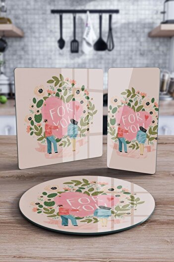 Decovetro Pink 3-Piece Mixed Set - Glass Presentation Serving Plate, For You Text Pattern