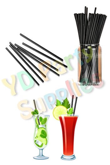 Yusuf Dirik YD Party Supplies Siyah Ince Kokteyl Pipeti Kıl Pipet 300 Adet 19 Cm 4 Mm