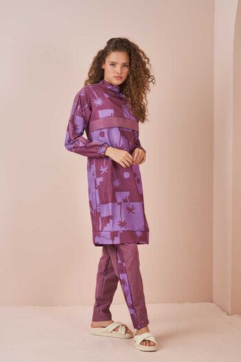 Mevra Palm Tree Pattern Hijab Swimsuit Long Dried Rose