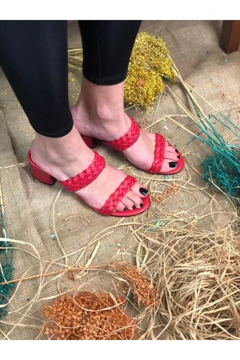 Huella Red Women's Heeled Slippers - Knitted Band and Heel Detail