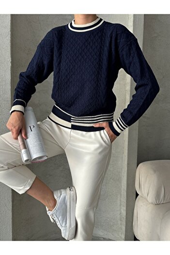 BEJNA Navy Blue Knitwear Sweater - Knitted and Piping Detail