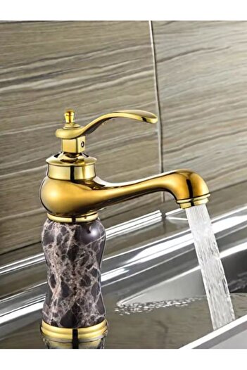 FLEKO BATARYA Antique Gold Washbasin Faucet - Real Marble Pattern, Stone Body, 20 cm Height Bathroom