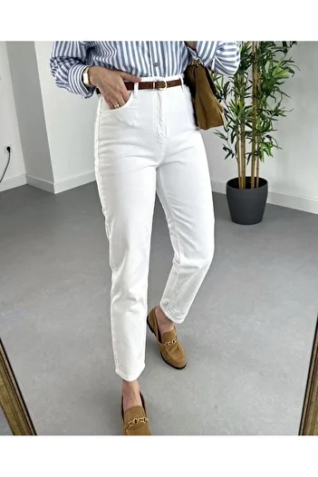 Geppetto White High Waist Lycra Penolope Mom Jean - Women's Trousers