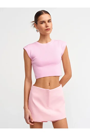 Dilvin 10525 Crew Neck Short Sleeve Knitwear Top-Pink
