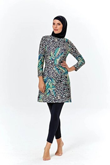 Argento 0704-1197 Black Leopard Pattern Long Sleeve Hijab Swimsuit