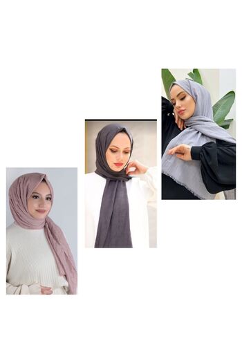 HAR-UM Ticaret Hijab Women's Bamboo Scarf Shawl Model-Set of 3 Grey>smoked>powder