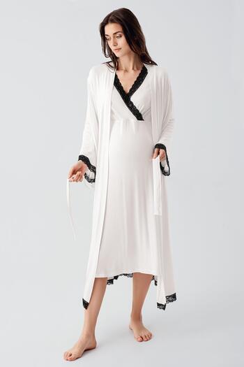 Artış Lycra Long Sleeve Viscous Nightgown and Dressing Gown Set for Pregnant Women