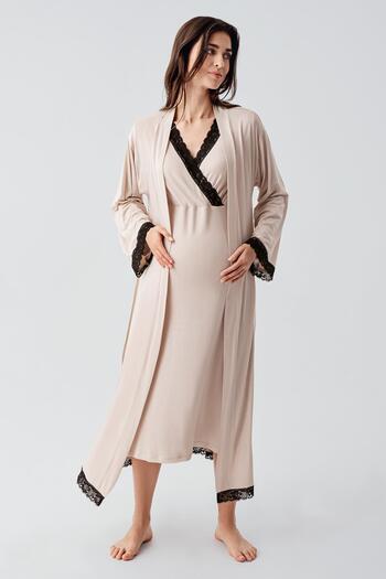 Artış Lycra Long Sleeve Viscous Nightgown and Dressing Gown Set for Pregnant Women