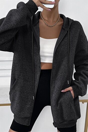 Millionaire Kadin Antrasit Kapüşonlu Fermuarlı 3 Üç Iplik Polar Kanguru Oversize Sweatshirt Zip Up Hoodie