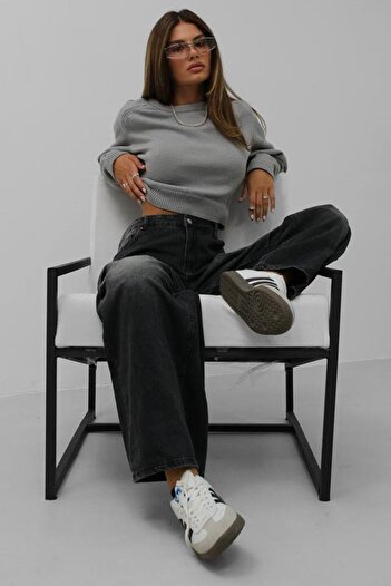 bayansepeti Pulover crop gri cu mânecă lungă - decolteu, mânecă raglan, 24W16025