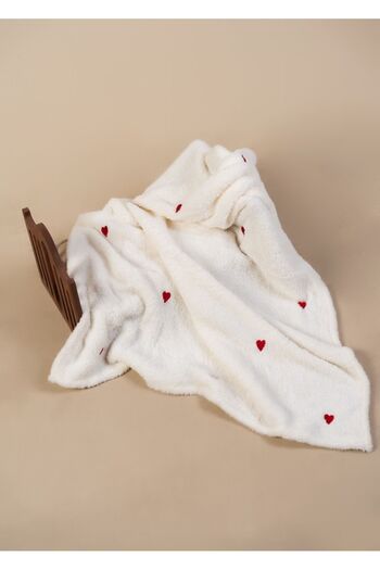 DensHaus Heart Patterned Embroidered Baby Blanket 90x110 Cream Wellsoft