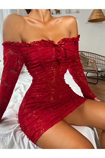 my cherie Büzgülü Bağlama Detaylı Vücuda Oturan Seksi Gösteren Dantel Mini Elbise Geniş Beden Aralığı