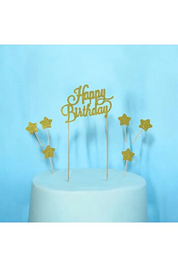 damlakidsmoda Gold happy birthday Yazısı Yıldız Pasta Süsü