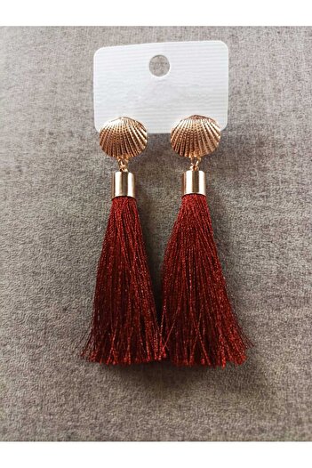 AKIN AKSESUAR HEDİYELİK Figured Tasseled Long Gold Earrings - Oyster