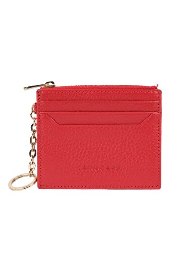 TANGCARF Pia Key Women's Card Holder Genuine Leather Zippered Wallet Card Holder with Keychain Red