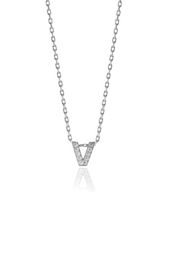 Söğütlü Silver Gümüş Rodyumlu Üç Boyutlu Minimal V Gümüş Harf Kolye Sgtl10619v