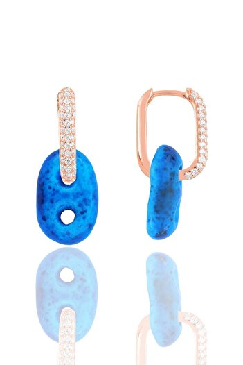 Söğütlü Silver Gümüş Rose Zirkon Taşlı Ve Mavi Boncuklu Trend Küpe Sgtl12114rose
