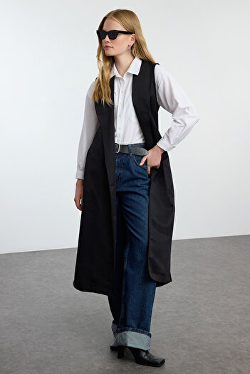 Trendyol Modest Long Black Shawl Collar Vest - TCTAW25YL00003