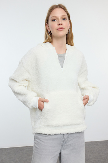 Trendyol Collection Oversize Plush Knitted SWeatshirt - Hooded, Zippered, Ecru TWOAW25sw00096