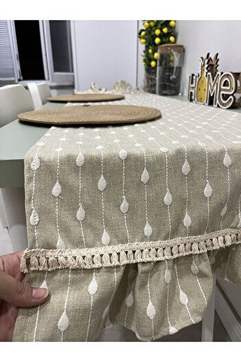 DECO El Yapımı Bej Renk Nakış Işlemeli Fırfırlı Şerit Detaylı Pinterest Stili Runner