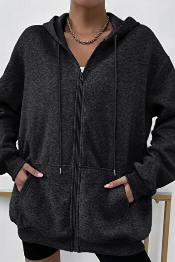 Millionaire Kadin Antrasit Kapüşonlu Fermuarlı 3 Üç Iplik Polar Kanguru Oversize Sweatshirt Zip Up Hoodie