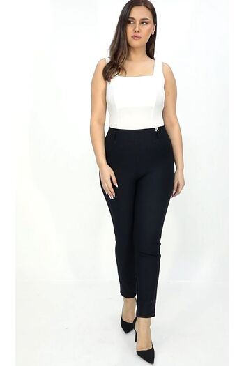 AKŞEN GİYİM Plus Size Two Sizes Look Thin Gathering High Waist Rhinestone Black Punto Fabric Pants