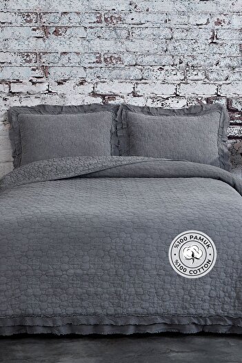Evlen Home Collection 100% Cotton Double Pique Set Special Stone Washed Bedspread Soft Chester Anthracite Dark Gray
