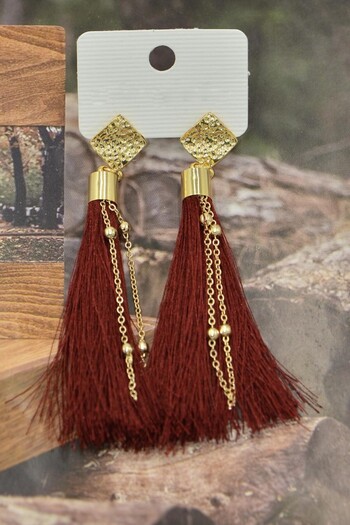 AKIN AKSESUAR HEDİYELİK Gold Colored Diamond Figured Long Earrings - Chain Detail and Tassels