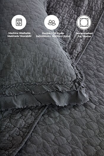 Evlen Home Collection 100% Cotton Double Pique Set Special Stone Washed Bedspread Soft Chester Anthracite Dark Gray