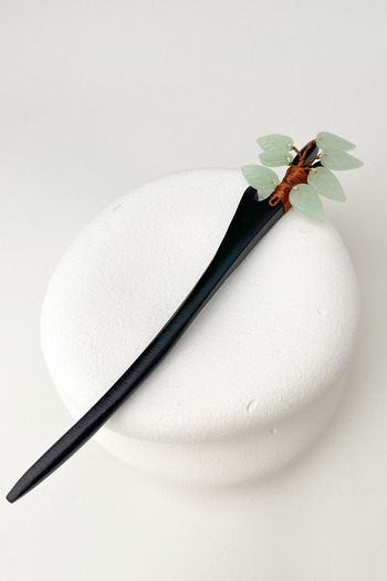 Modex Green Leaf Patterned Stick Hair Clip - Wooden Bun (17cm)