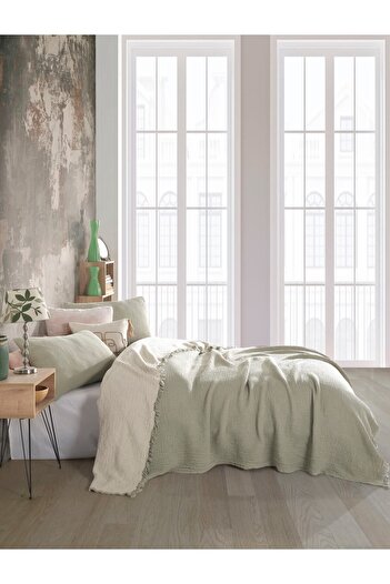 destinyhometex Adaçayı Yeşili 4 Katlı Muslin %100 Pamuk Tek Kişillik Yatak Örtüsü/Pike 160x240cm