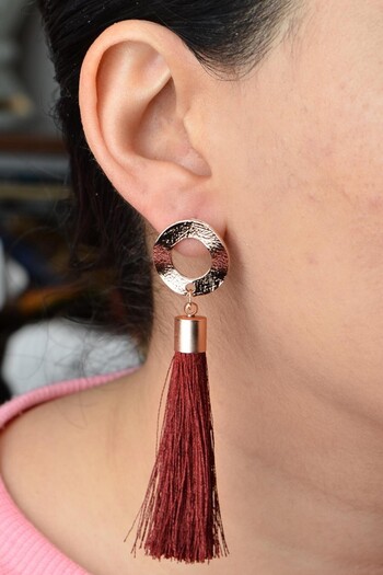 AKIN AKSESUAR HEDİYELİK Long Gold Earrings - Round Figure and Tassel Design