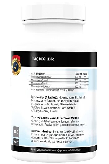 FLX Magnezyum Elementleri Complex Magnesium Malat Taurat Glukonat Glisinat 400 Mg 180 Tablet