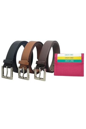 genuine leather company eds Σετ 3 λεπτές ζώνες με τετράγωνες ασημένιες αγκράφες - Πορτοφόλι με θήκη για κάρτες για παντελόνι, πουκάμισο και σακάκι