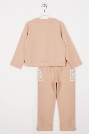 zepkids Crew Neck Long Sleeve Lace Pocket Detailed Beige Color Girl's Two-Piece Set