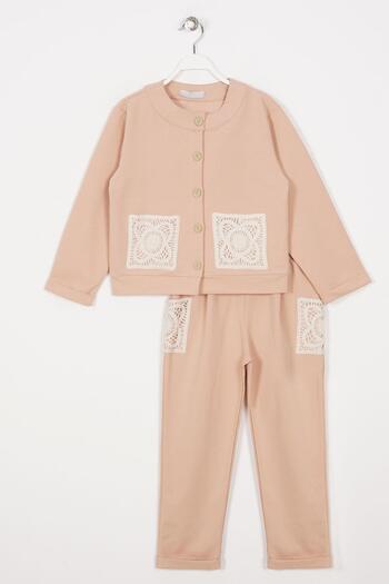 zepkids Crew Neck Long Sleeve Lace Pocket Detailed Beige Color Girl's Two-Piece Set