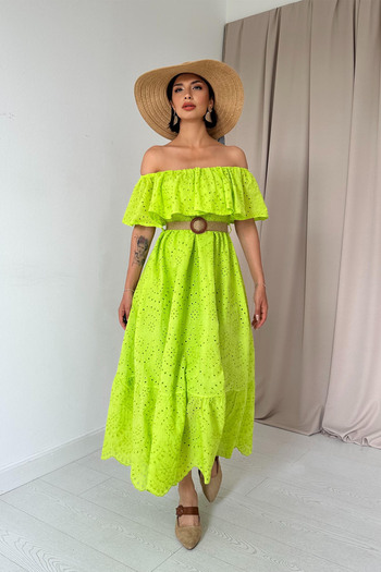 Seda Yalçın Atelier Pistachio Green Madonna Collar and Belt Detailed Scallop Dress