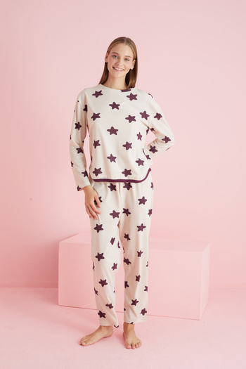 Siyah İnci Plum Colored Cream Star Patterned Knitted Pajama Set - 7776