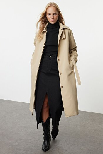 Trendyol Collection Oversize Beige Long Trench Coat - Collar Detailed, Twoaw25Tr00021