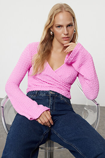 Trendyol Collection ροζ Πλεκτή μπλούζα με διπλό γιακά Crop - premium υφή κανονική εφαρμογή TWOAW24BZ00088