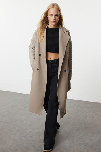 Trendyol Collection Regular Beige Long Trench Coat - Knitwear Detailed Sleeves Twoaw25Tr00009
