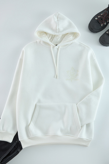 Trendyol Collection Fleecová oversize mikina s ecru květinovým potiskem s kapucí – TMNAW24sw00100