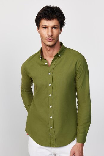 Tudors Khaki Men's Shirt - Slim Fit, Long Sleeve, 100% Cotton, Linen Texture, Buttoned Collar